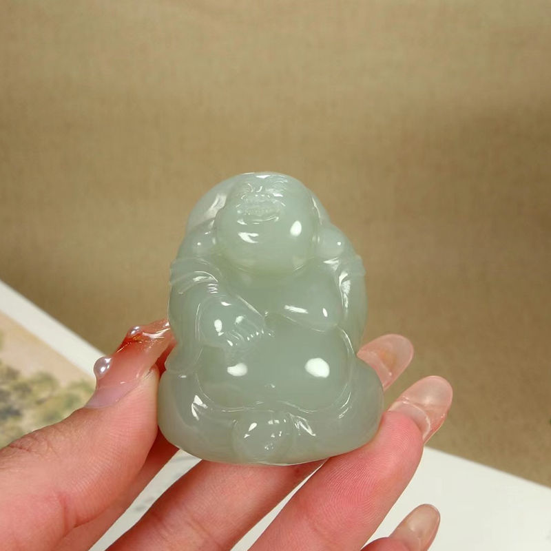 溫潤齋天然新疆和田玉青海料晴水色玉石笑佛掛件玉器彌勒佛吊墜