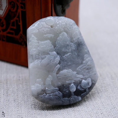 和田玉青海料俏色高山流山水牌子吊墜煙青意境悟道掛件玉石佩掛墜